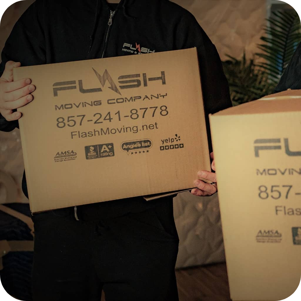 moving services in MA, movers bringing the box Flash Moving & Storage