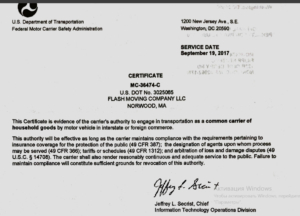 License, MC Certificate Moving COmpany