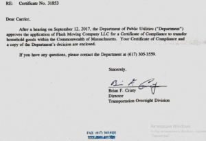 Certificate Flash Moving Company, Certified Movers in Boston,