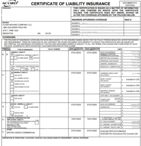 Certificate of Insurance Boston Moving Company, Flash Moving